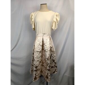 SHEIN Dress XL Cream Gold Floral Jacquard Puff Sleeve Party Cocktail Fit Flare